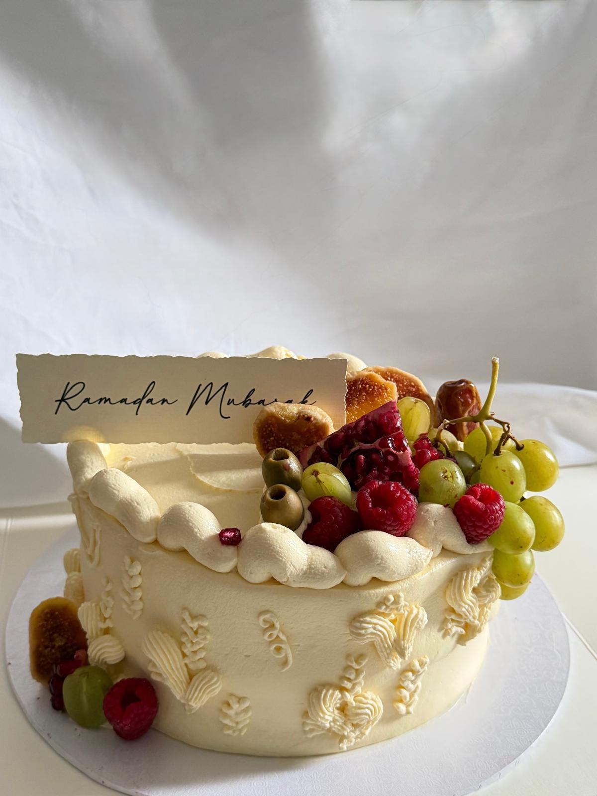 HM Bakes Ramadan Mubarak cake topped with fresh fruit